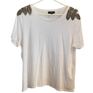 123 White Cotton T-shirt Top Embellished Zirconium Beaded Shoulders blouse